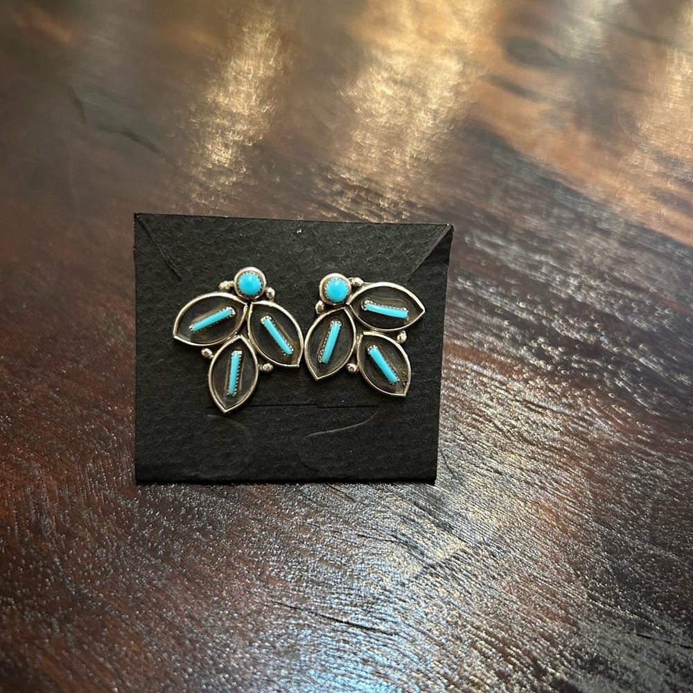 Zuni Signed Turquoise Leaf Motif Stud Earrings in Sterling Earrings.